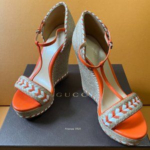 GUCCI Raffia Platform Espadrille Wedge Sandals